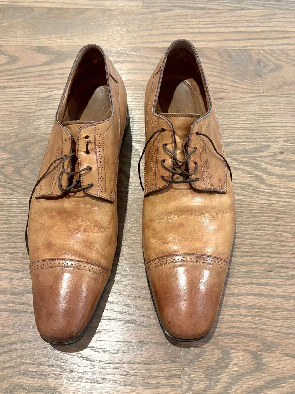 Santoni Italy Camel Brown Antiqued Leather Cap Toe Brogue Oxfords Italy 11 D